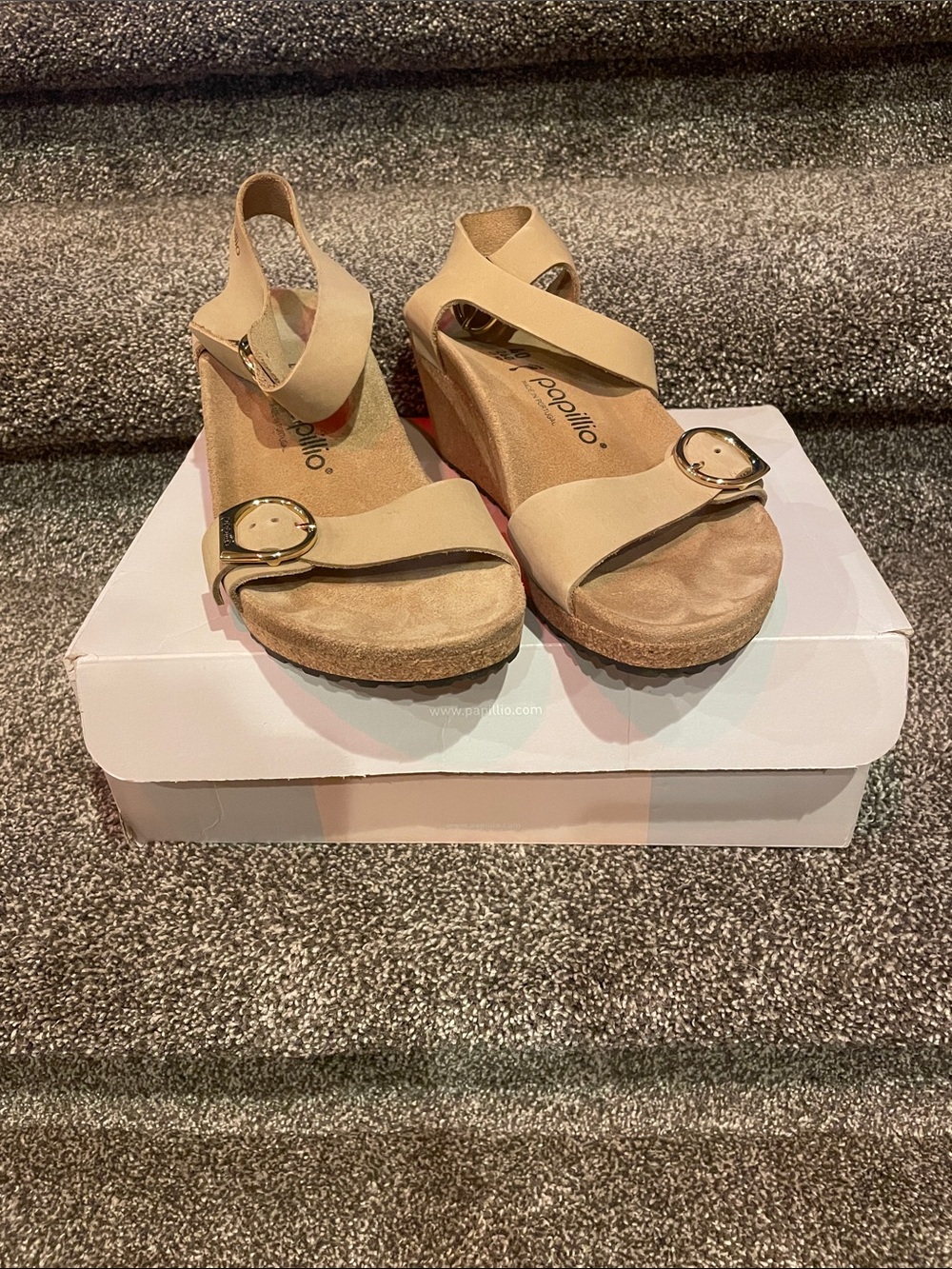 Papillio Tan Slingback Wedge Sandals with Gold Buckle